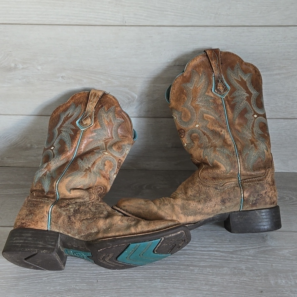 Sold Ariat Women 10008017 Brown & Teal Western Boots Square Toe Shoes Sz 9B - Picture 12 of 16
